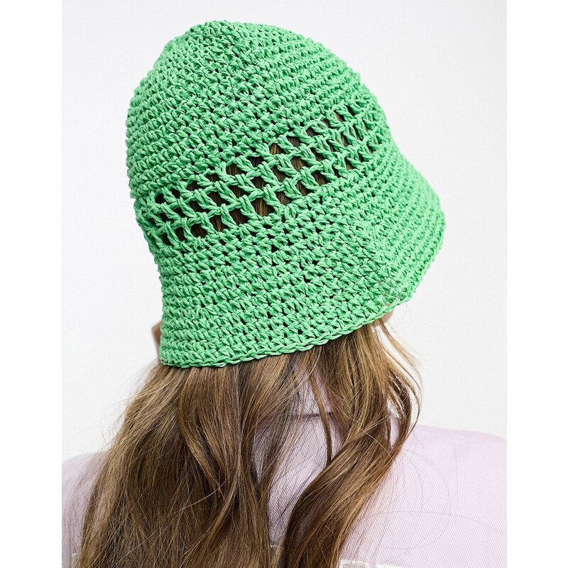 ASOS DESIGN - Cappello da pescatore in paglia all'uncinetto verde con design traforato ripiegabile