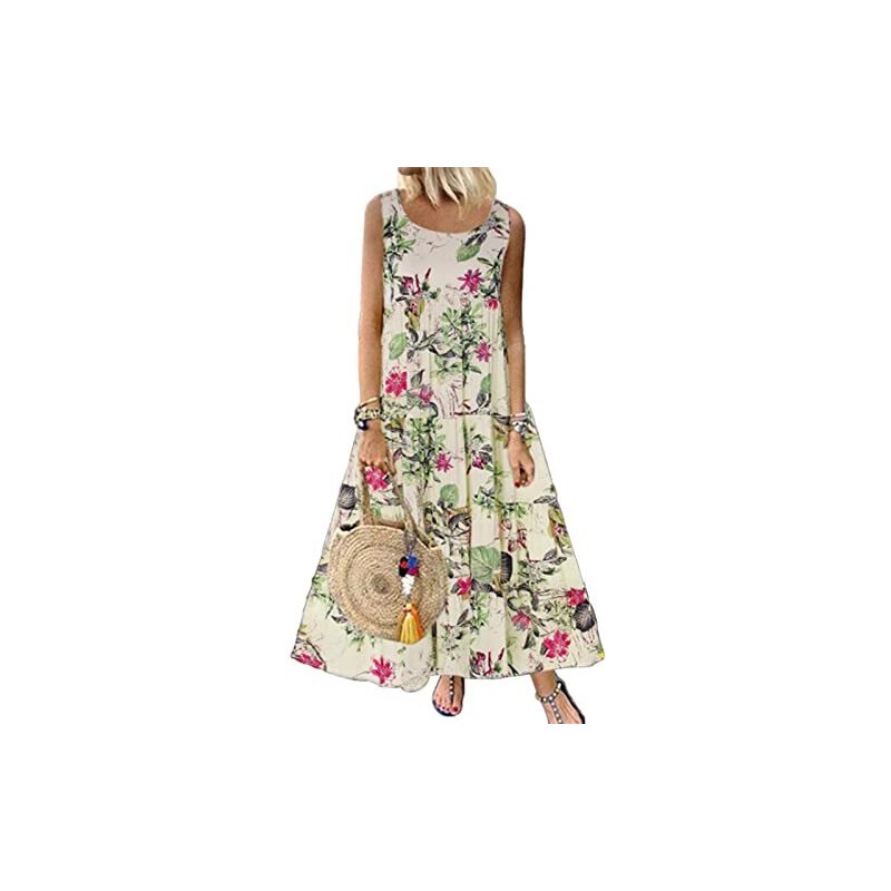 Abito estivo da donna, senza maniche, con tasche, girocollo