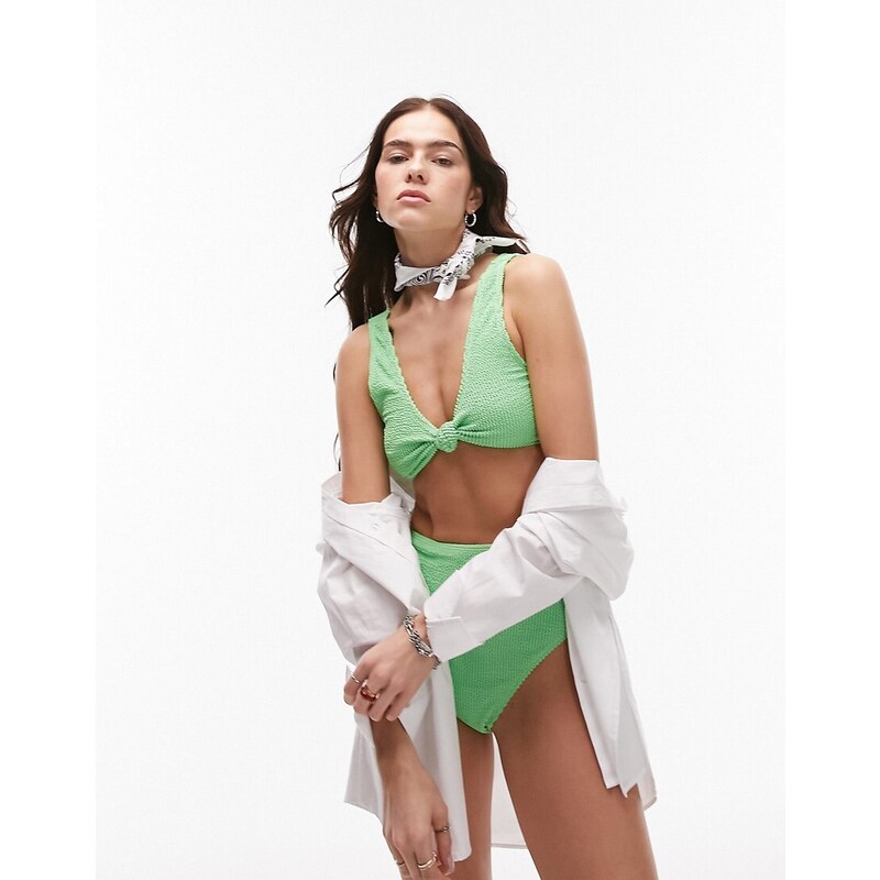 Topshop - Mix and Match - Top bikini verde stropicciato con nodo sul davanti