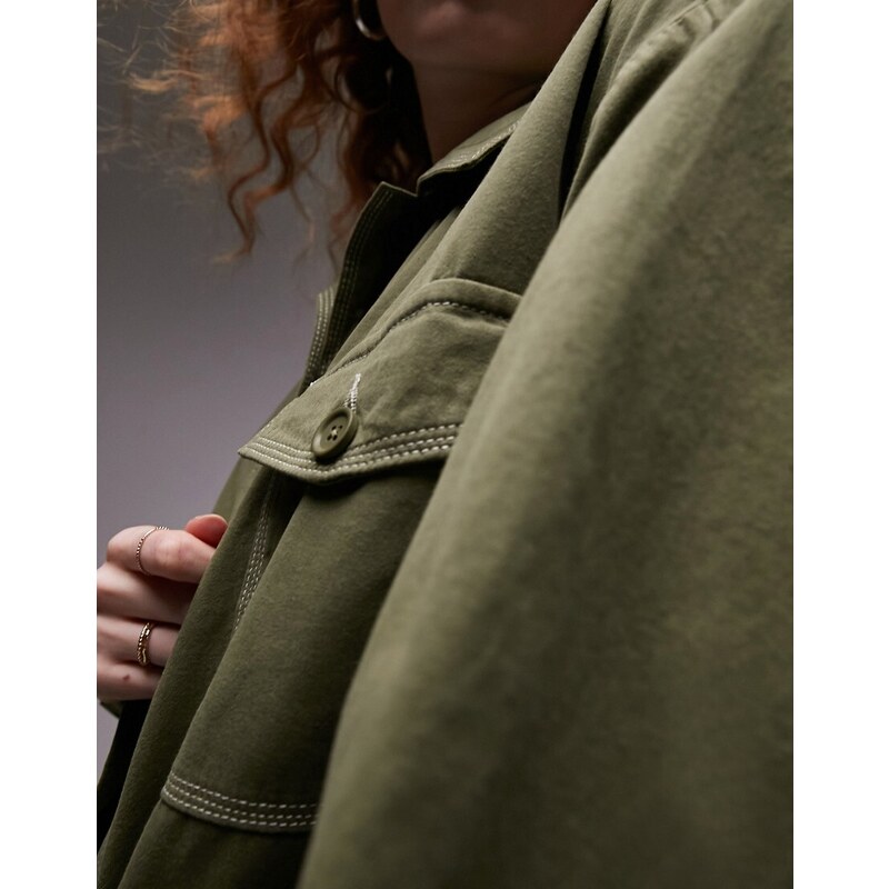 Topshop - Camicia giacca da lavoro kaki con cuciture a contrasto in coordinato-Verde