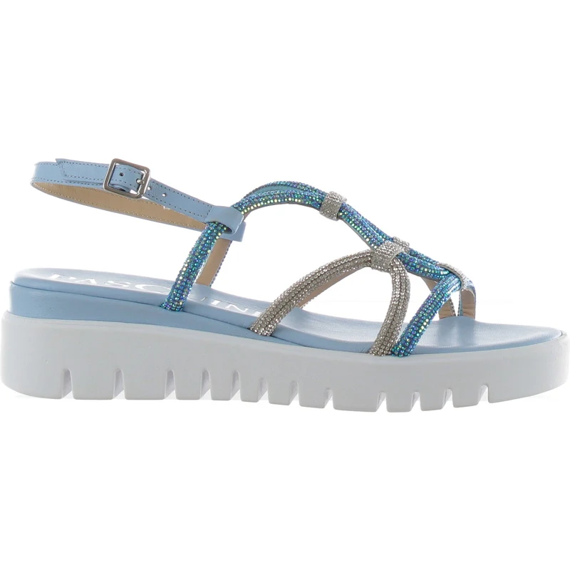 Sandali In Pelle Celesti Con Zeppa E Fascia Decorata - Save The Queen - Foto 10