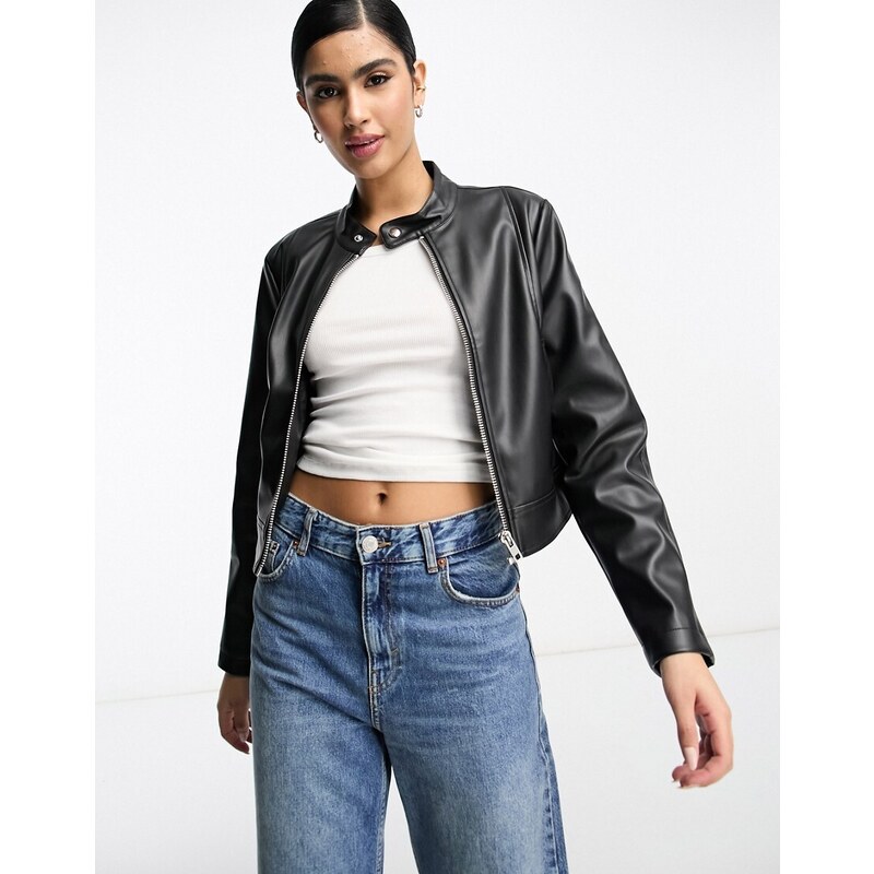 ASOS DESIGN Giacca biker ristretta in pelle sintetica nera-Black