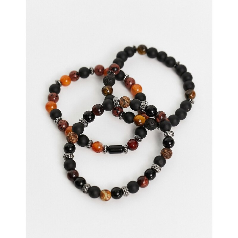 ASOS DESIGN - Confezione da 3 bracciali a perline marroni e nere con pietre semipreziose-Multicolore