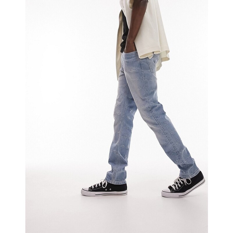 Topman - Jeans slim rigidi con abrasioni lavaggio chiaro-Blu