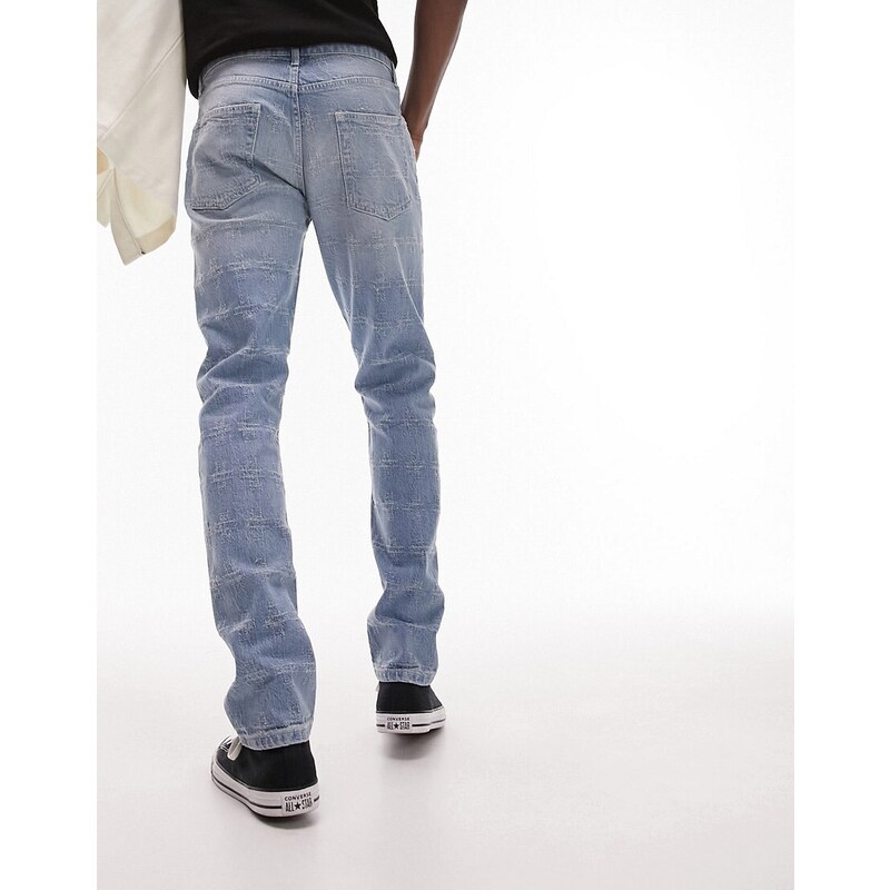 Topman - Jeans slim rigidi con abrasioni lavaggio chiaro-Blu