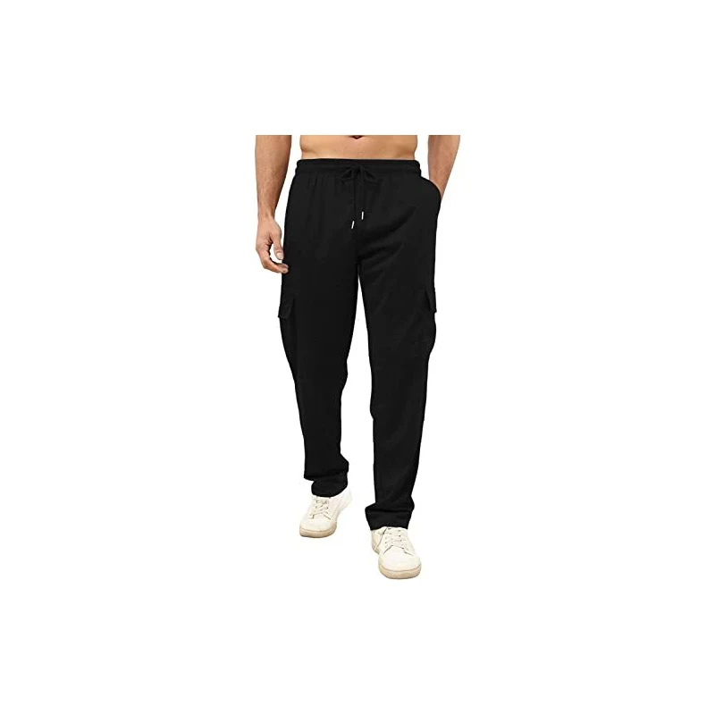 Cvanxluy Pantaloni da uomo neri corti, in lino, da uomo, larghi, estivi