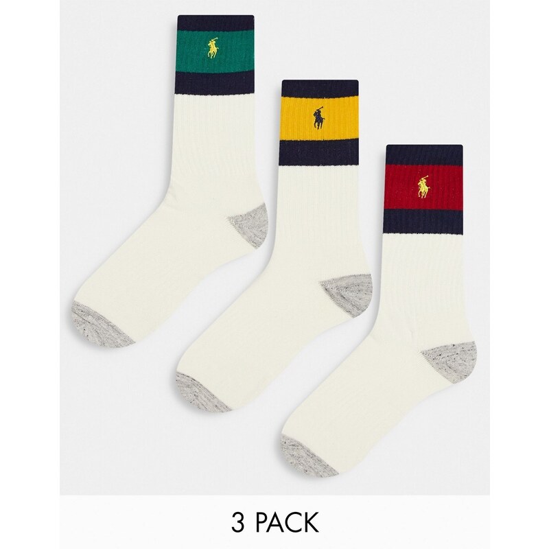 Polo Ralph Lauren - Confezione da 3 paia di calzini bianco sporco a righe colorate con logo del pony