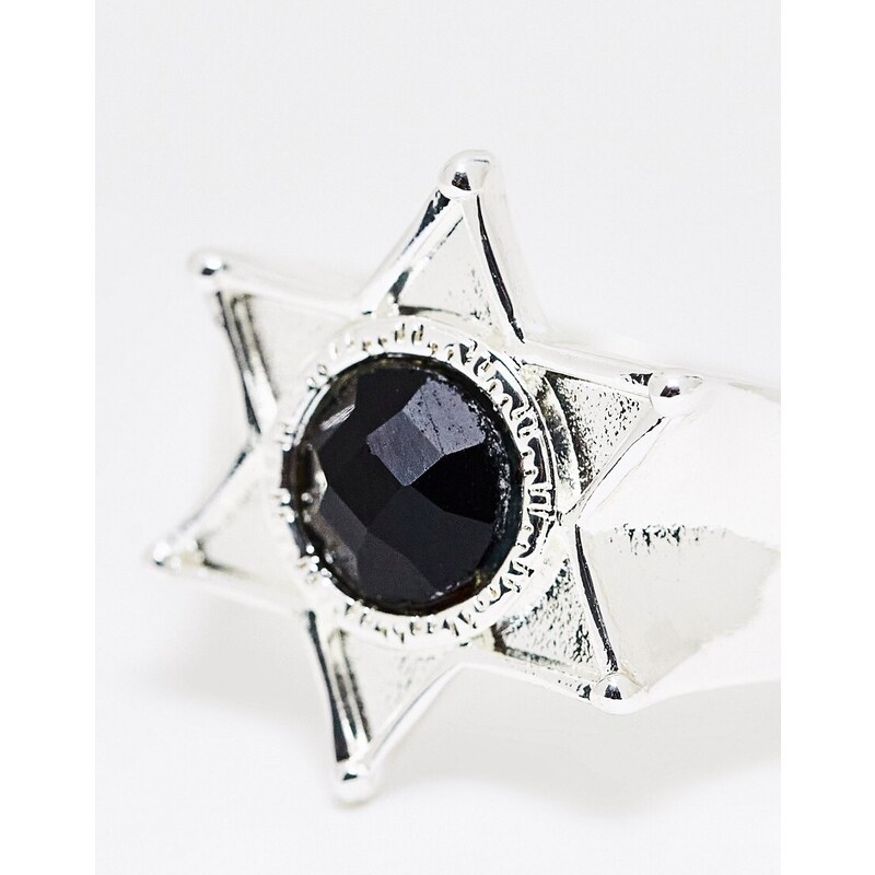 WFTW - Anello con sigillo argentato con pietra nera e design a forma di stella da sceriffo-Argento