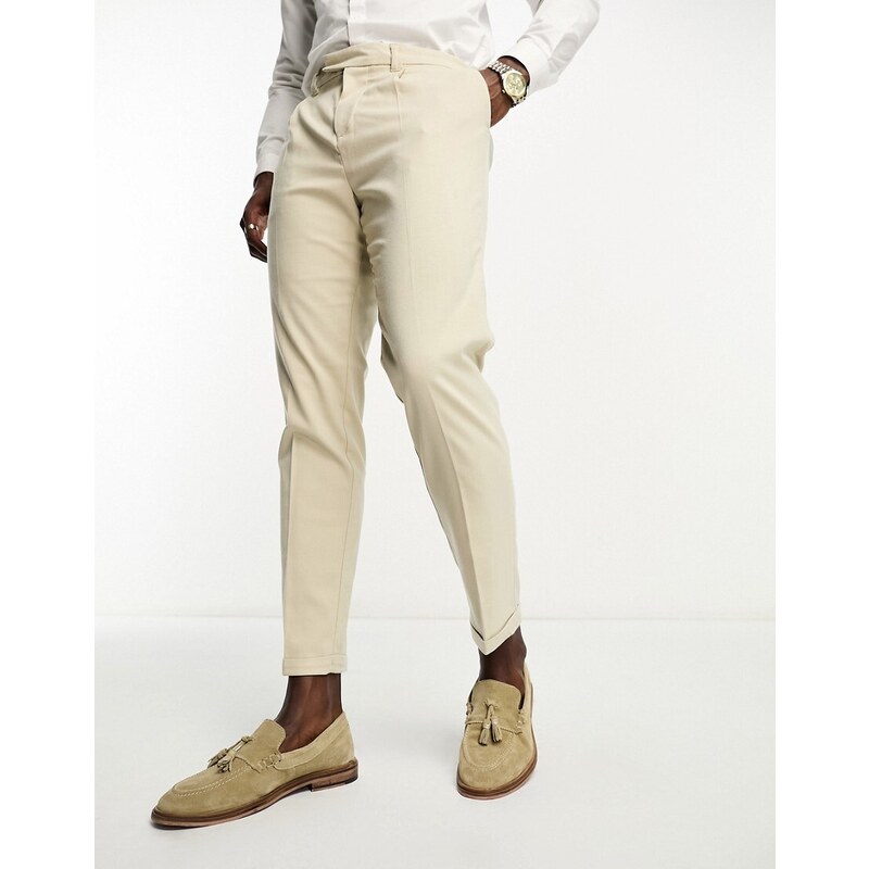 New Look - Pantaloni slim a pieghe color avena-Bianco