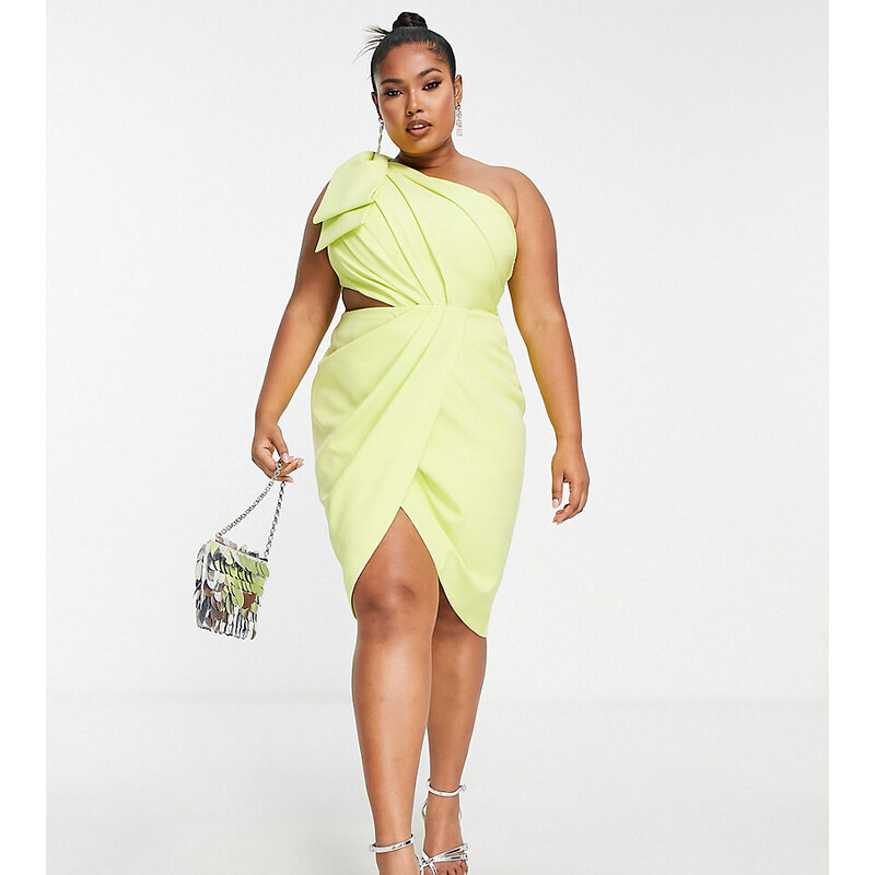 Lavish Alice Plus - Vestito midi a portafoglio monospalla con cut-out verde lime