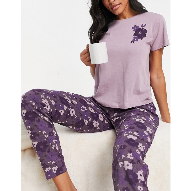 Brave Soul - Pigiama viola scuro con stampa floreale vintage con maglietta e pantaloni con polsino