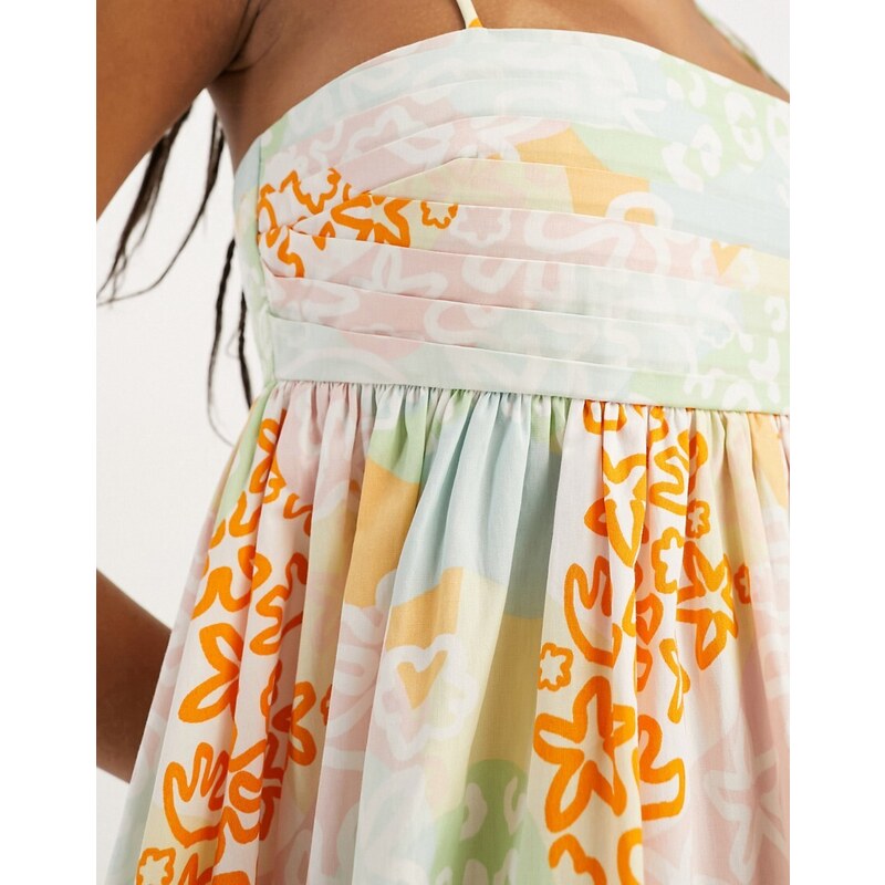 ASOS DESIGN - Vestito babydoll corto in cotone a fiori con bustino a pieghe-Multicolore