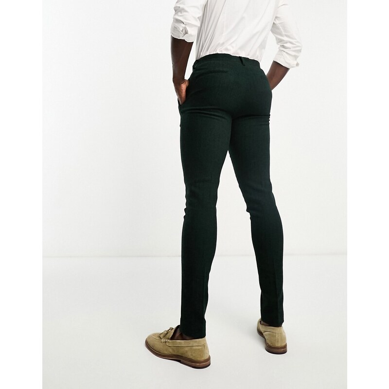 ASOS DESIGN - Pantaloni da abito skinny in misto lana verde a spina di pesce