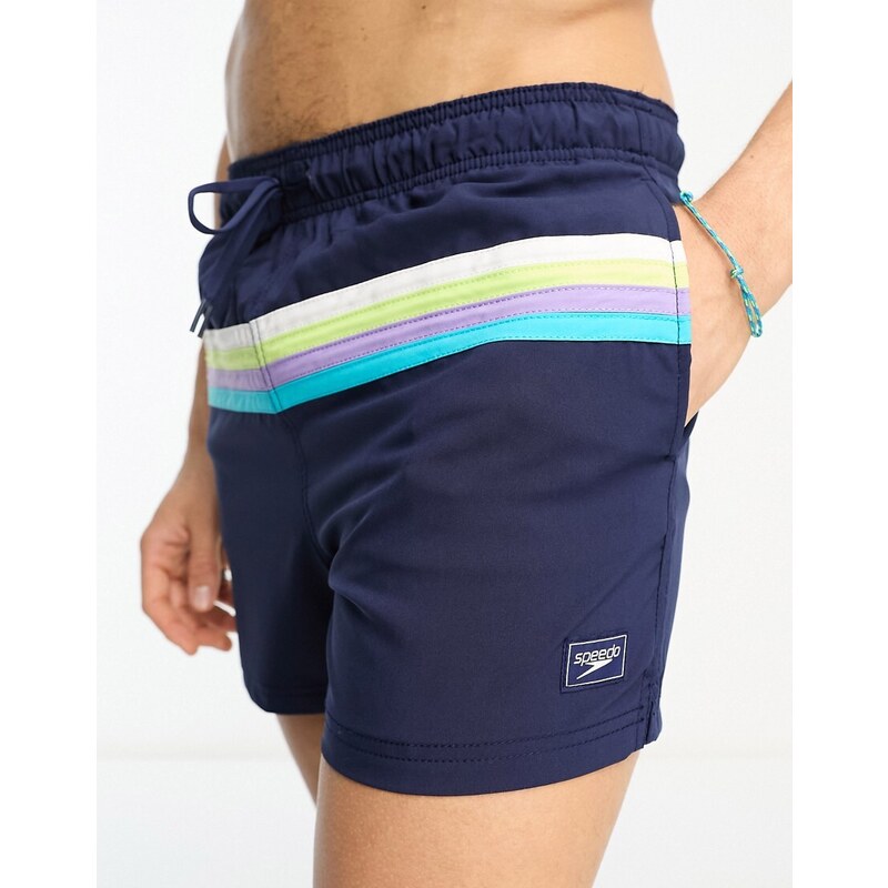 Speedo - Pantaloncini da bagno stile volley blu navy a righe colorblock da 14"