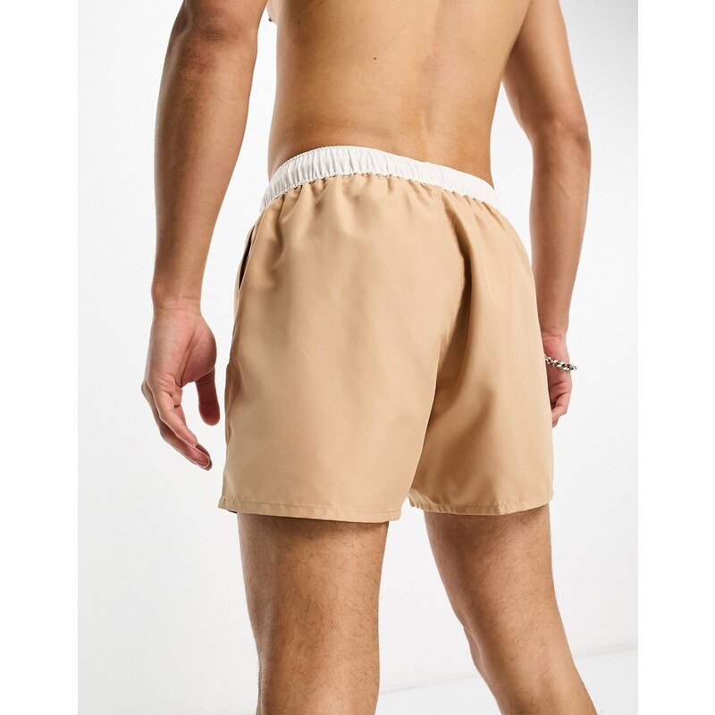 ASOS DESIGN - Pantaloncini da bagno taglio corto beige con fascia in vita a contrasto-Neutro