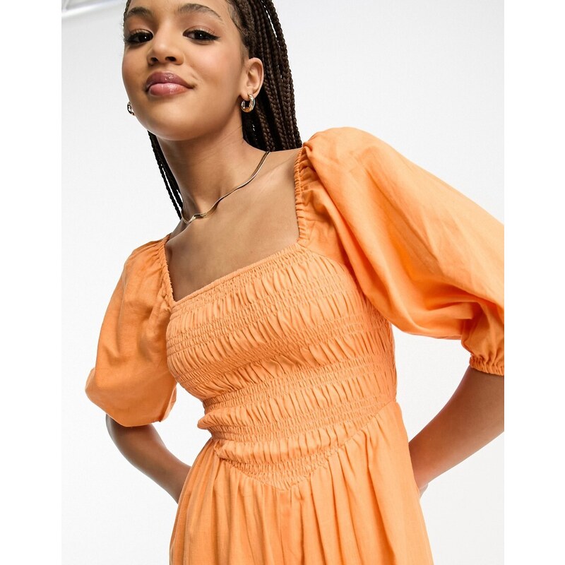 ASOS DESIGN - Tuta jumpsuit effetto lino arricciato con maniche a sbuffo color arancione