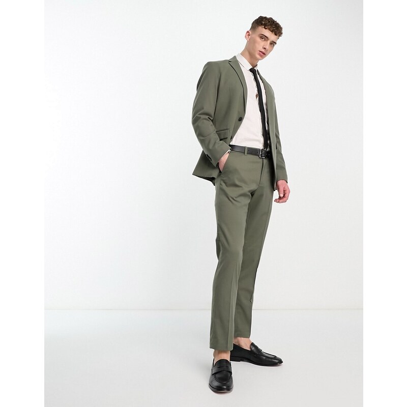 New Look - Pantaloni da abito slim kaki scuro-Verde