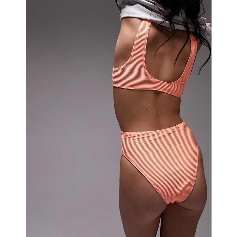 Topshop - Mix and Match - Slip bikini a vita alta color corallo a coste-Arancione