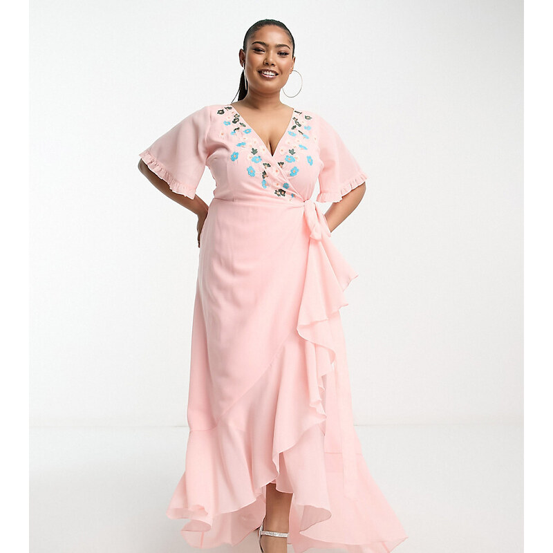 Maya Plus - Vestito avvolgente con gonna al polpaccio rosa tenue con ricami