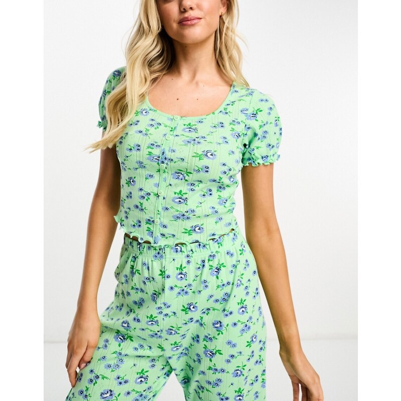 ASOS DESIGN - Mix & Match - Top del pigiama verde traforato con bottoni e stampa floreale