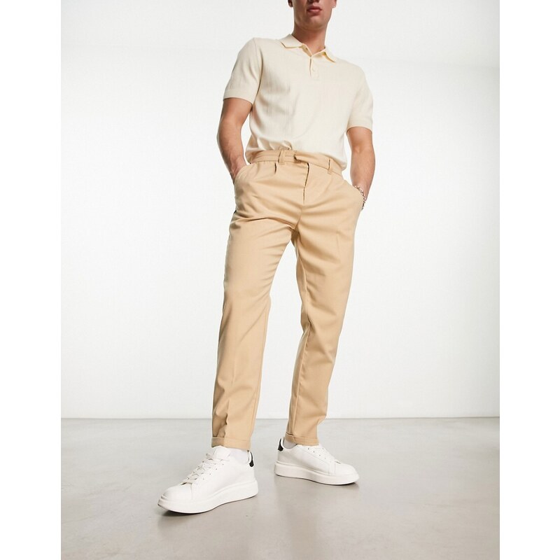 New Look - Pantaloni eleganti affusolati con pieghe sul davanti color pietra-Neutro