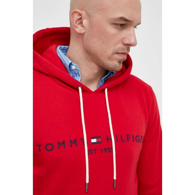 Tommy Hilfiger felpa uomo colore rosso con cappuccio con applicazione