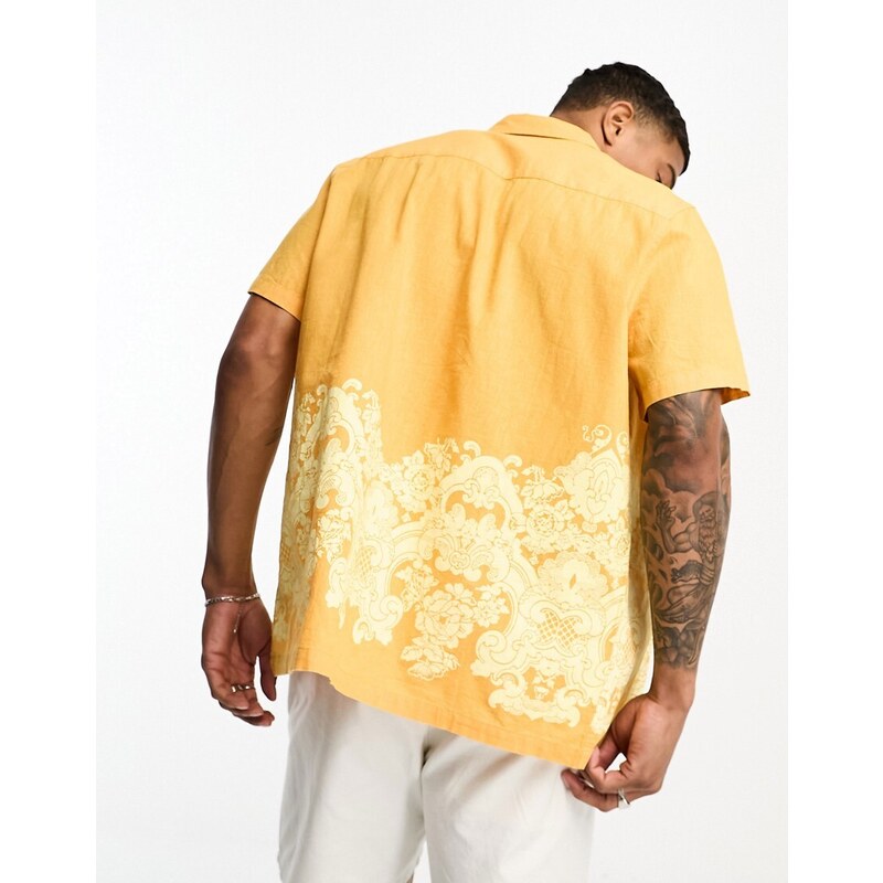 ASOS DESIGN - Camicia comoda in misto lino giallo con stampa e rever