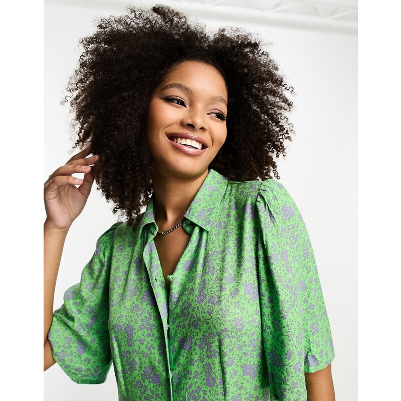 Y.A.S - Vestito camicia midi verde con stampa a fiori lilla