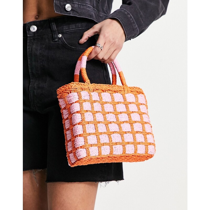 Whistles - Mini borsa shopper in paglia naturale a quadri rosa e arancione