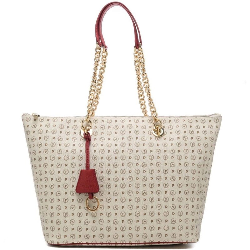Pollini borsa shopping donna heritage in pelle avorio con manici a catena e charm rosso