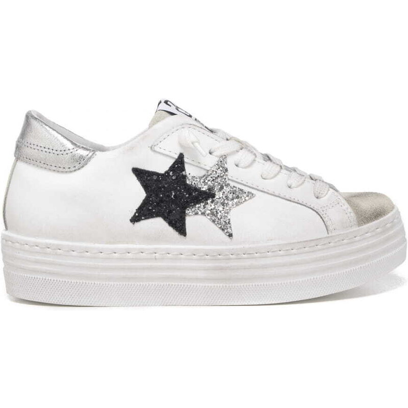 2 Star sneakers donna platform con stelle glitter bianco argento nero