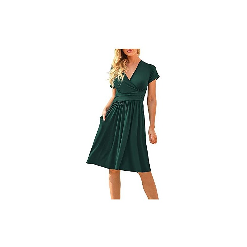 Vestito Estivo Aderente A Coste Donna | Scollo A V, Maniche Corte, Tinta Unita Verde, Taglia S