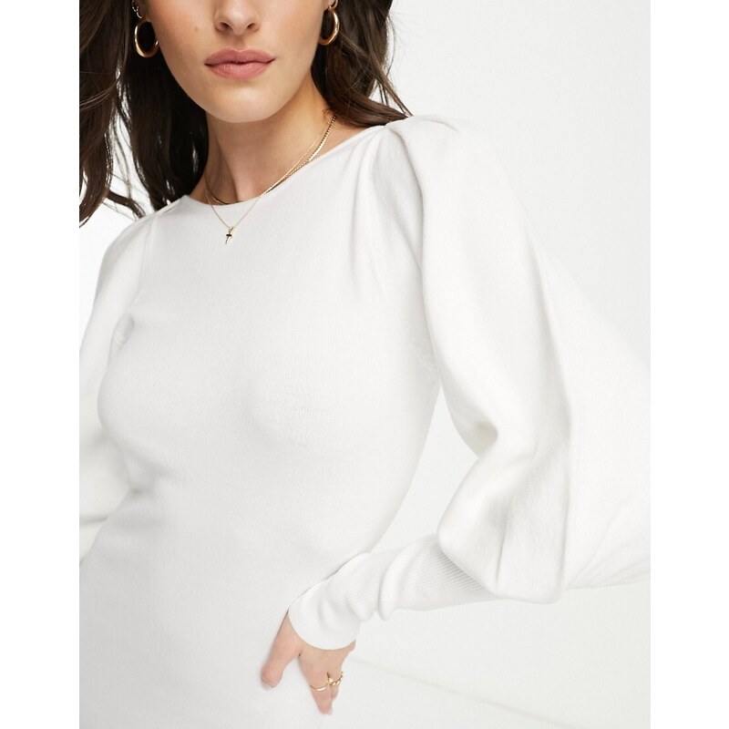 French Connection - Vestito midi in maglia bianco con maniche voluminose