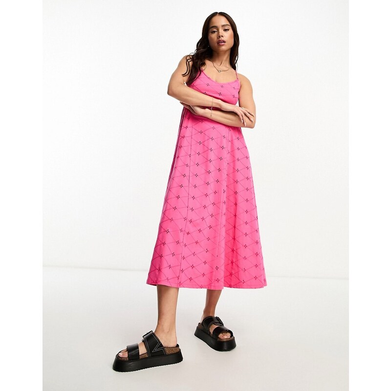 ASOS DESIGN - Vestito midi in pizzo rosa acceso con cuciture a vista e fascette sottili sul retro