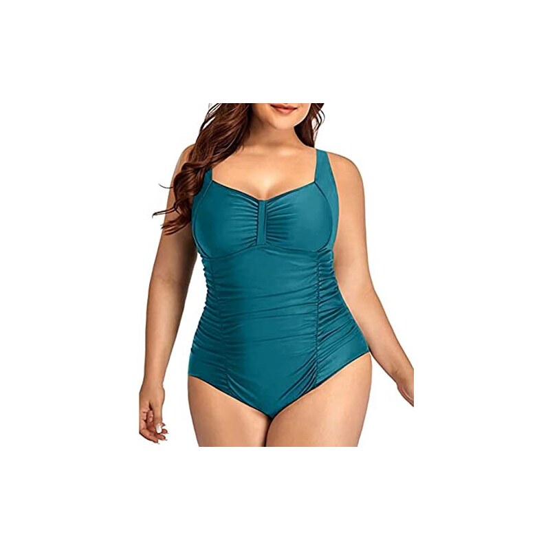 Costume Intero Hanna Nikole Taglie Forti: Con Push-up, Scollo A V E Gonna Arricciata (Verde Chiaro, 46)
