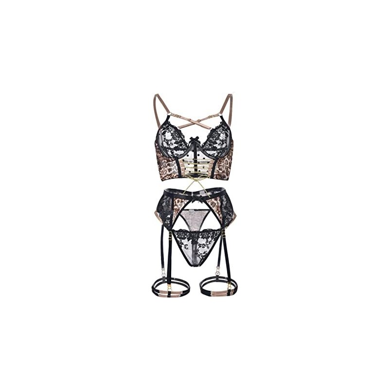 Lingerie Sessy Donna 4 Pezzi | Reggiseno Con Ferretto, Reggicalze | In Pizzo Nero | Set Esotico - Foto 14