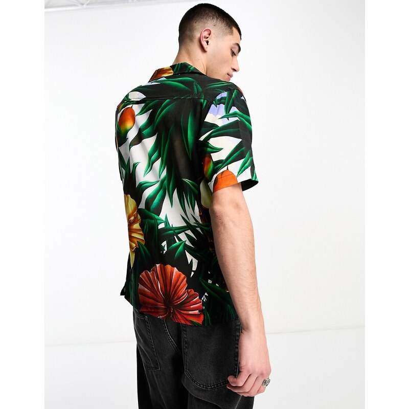 The Hundreds - Camicia maniche corte con colletto a rever e stampa tropicale a fiori-Nero