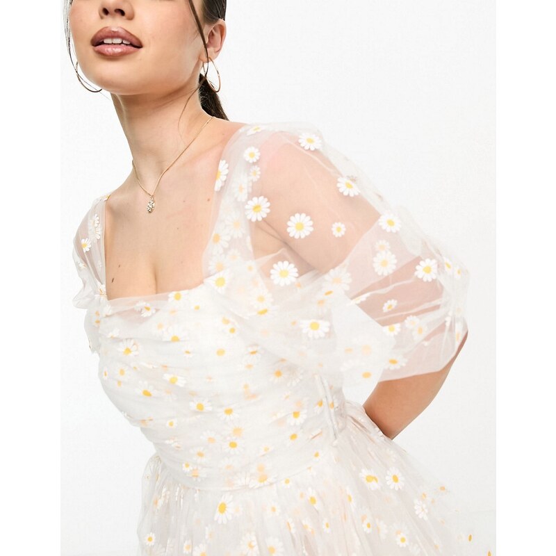 Esclusiva Lace & Beads Petite - Vestito corto arricciato in tulle bianco con margherite-Rosa