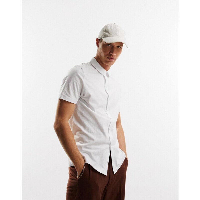 ASOS DESIGN - Camicia a maniche corte attillata in jersey bianca-Bianco
