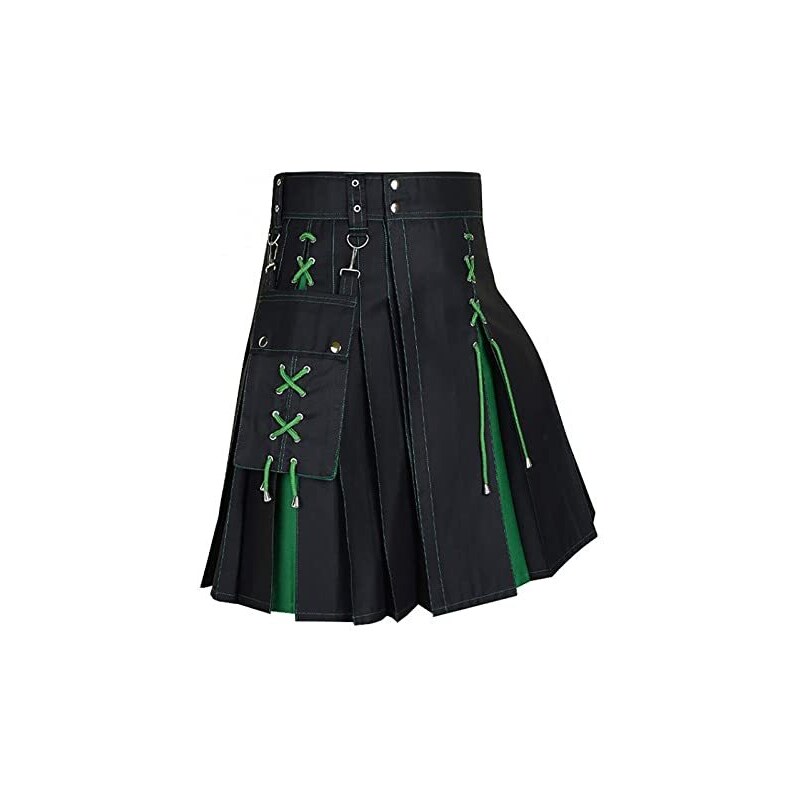 Kilt Tradizionale Uomo Moda Gonna Scozzese Medievale Kilt Moda Vintage Gotico Punk Rock Pelle Patchwork Pocket Knight Rock Costume Scozzese Carnevale Kilt Tradizionale Kilt