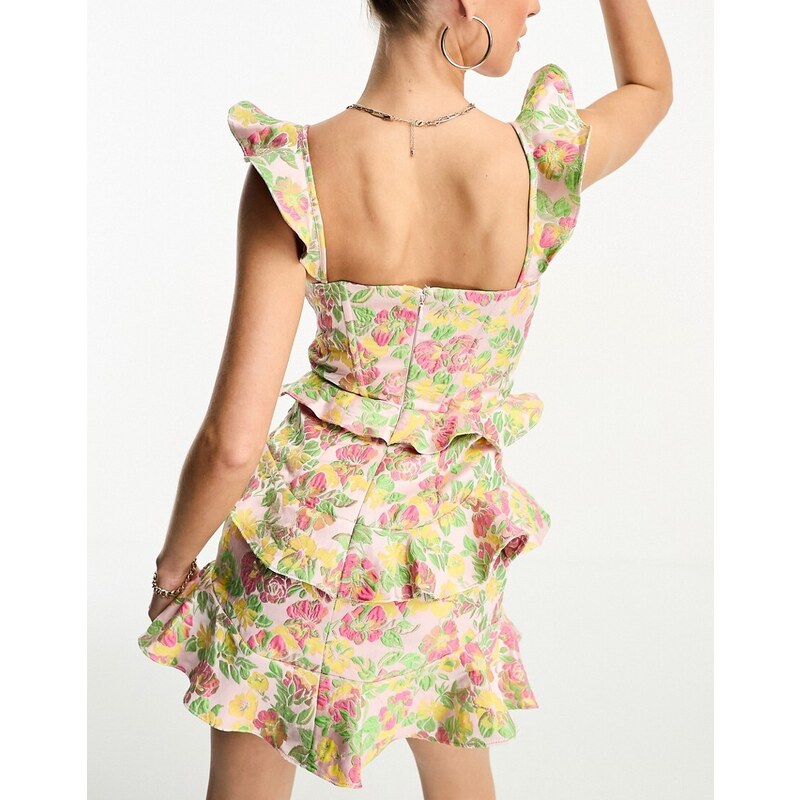 ASOS LUXE - Vestito corto a balze con coppe a fiori jacquard-Multicolore