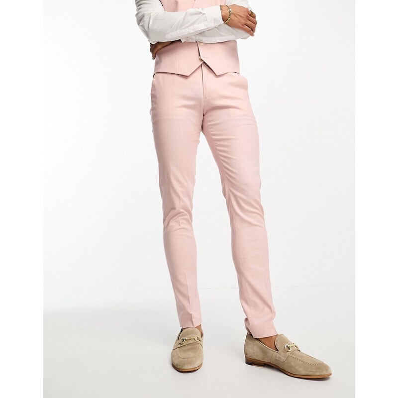 ASOS DESIGN - Pantaloni da abito skinny in misto lino rosa pastello