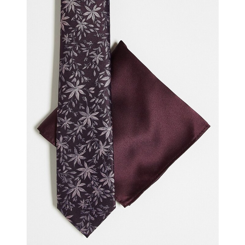 Harry Brown - Cravatta bordeaux a fiori con fazzoletto da taschino-Rosso