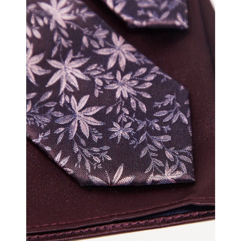 Harry Brown - Cravatta bordeaux a fiori con fazzoletto da taschino-Rosso
