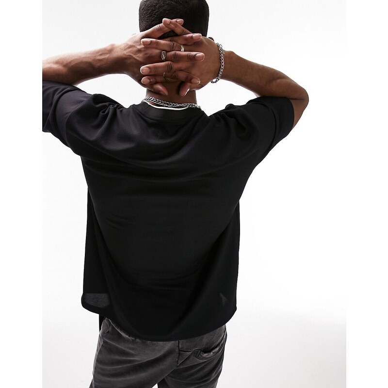 Topman - T-shirt oversize in rete nera-Black