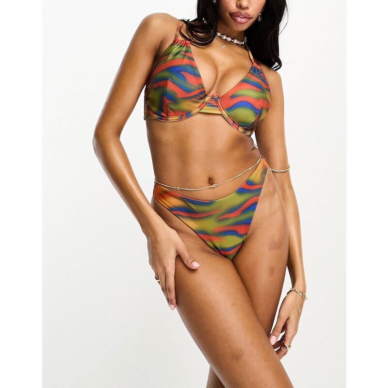 Asos Design Coppe Grandi Top Bikini Con Ferretto Multiposizione Con Spalline Doppie E Stampa 8192