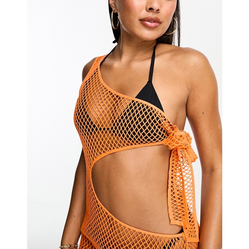 ASOS DESIGN - Vestito da mare midi monospalla arancione con frange