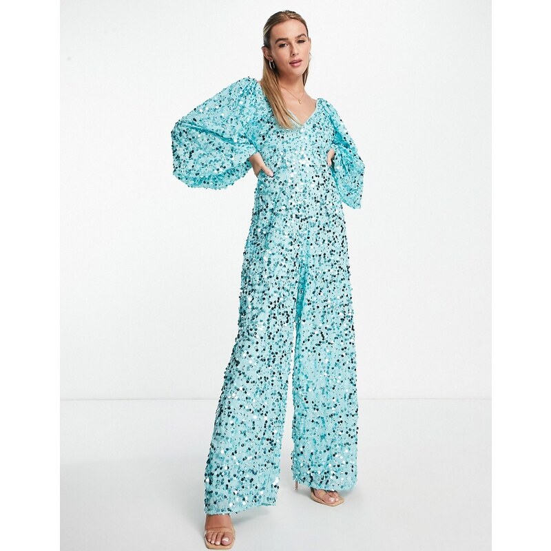 ASOS DESIGN - Tuta jumpsuit con maniche ampie e fondo ampio in paillettes turchese-Blu