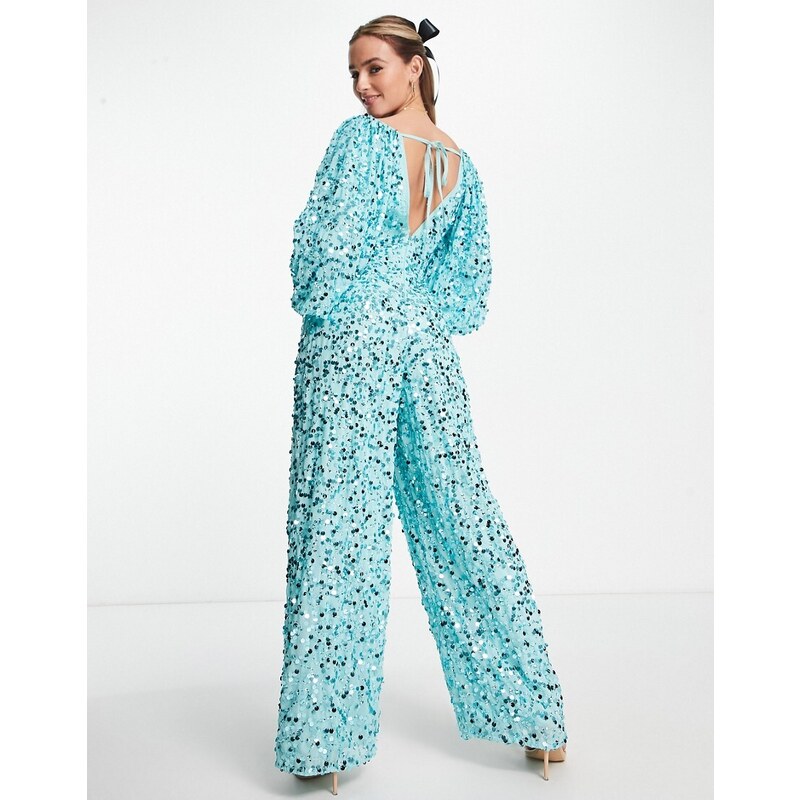 ASOS DESIGN - Tuta jumpsuit con maniche ampie e fondo ampio in paillettes turchese-Blu