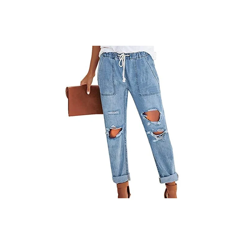 LifeShe Jeans A Righe A Vita Alta Con Coulisse E Gamba Larga – Denim Leggero Con Tasche, Pantaloni Casual Da Donna